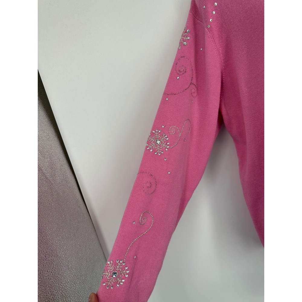 Quacker Factory Pink Rhinestone Snowflake Full Zip Ribbed Sweater Size XL - Picture 4 of 9